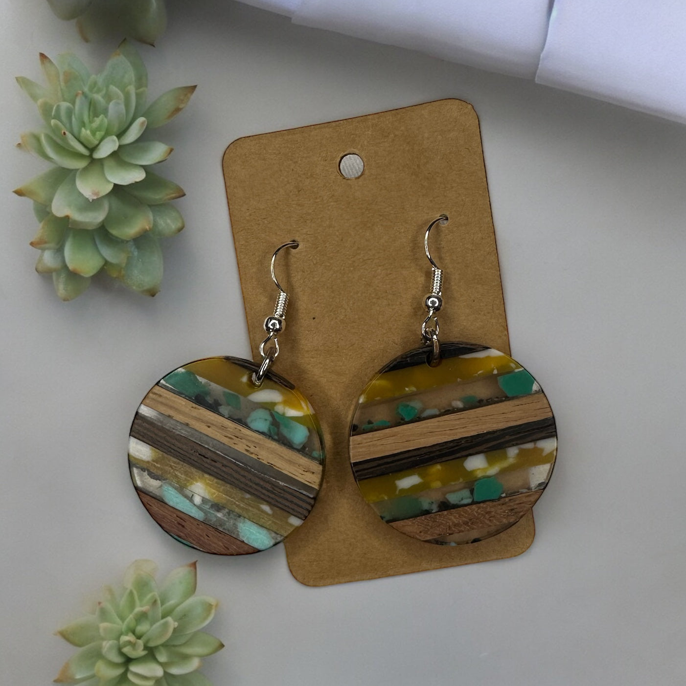 ROUND TURQUOISE AND WOOD EARRINGS