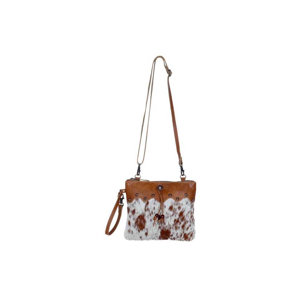 ORNATE BROWN LEATHER & HAIR ON CROSS BODY BAG