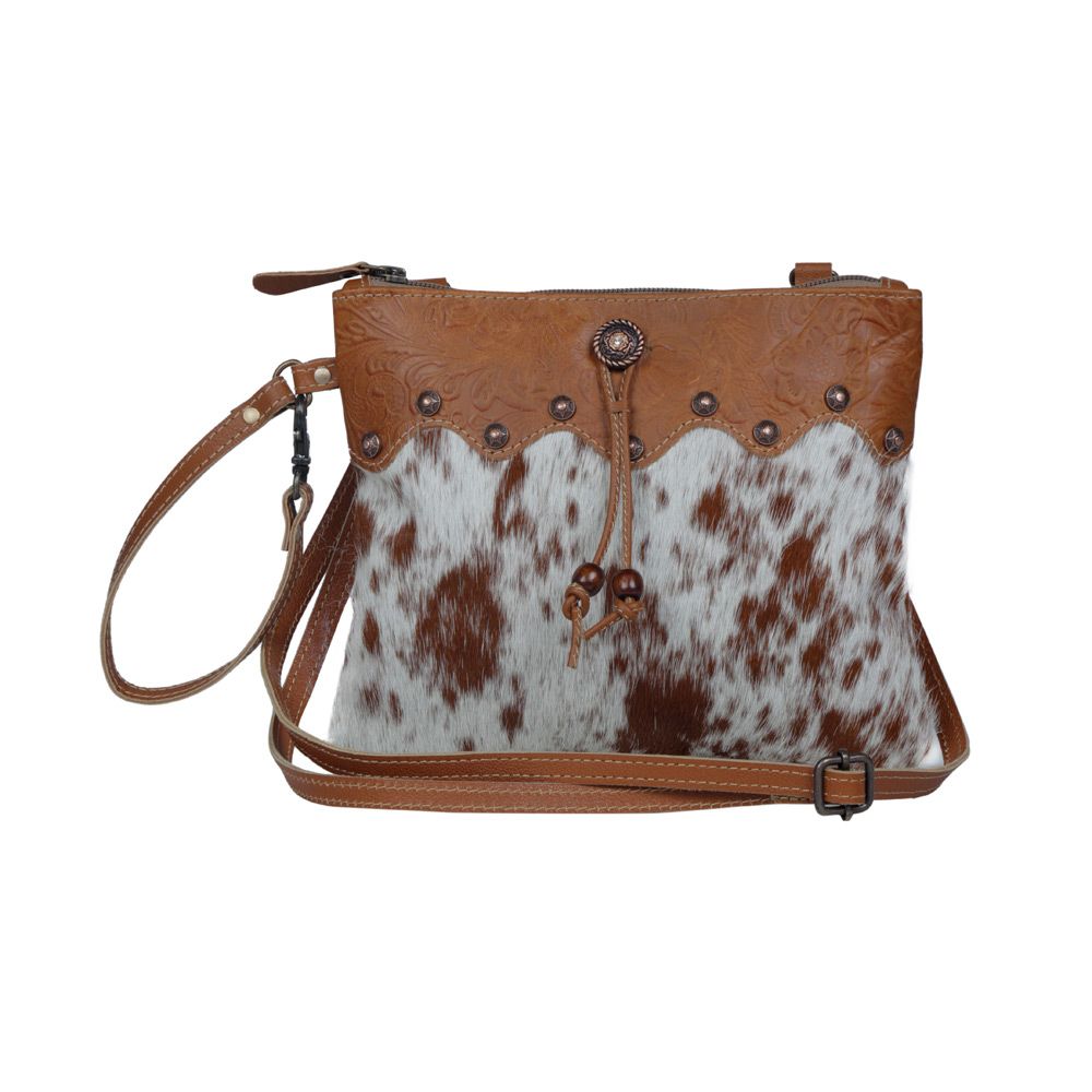 ORNATE BROWN LEATHER & HAIR ON CROSS BODY BAG