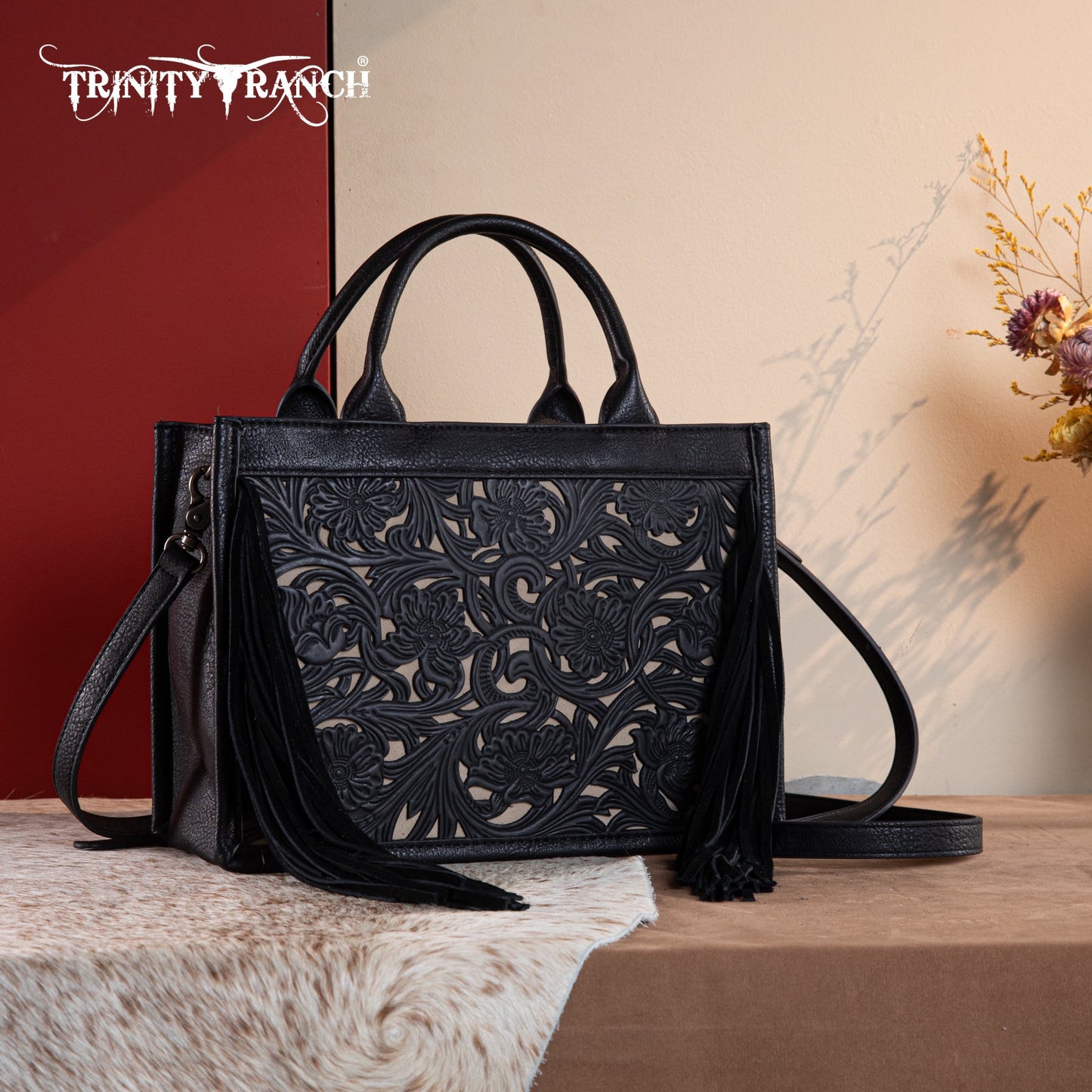 Trinity Ranch Floral Tooled Fringe Concealed Carry Tote/Crossbody Black