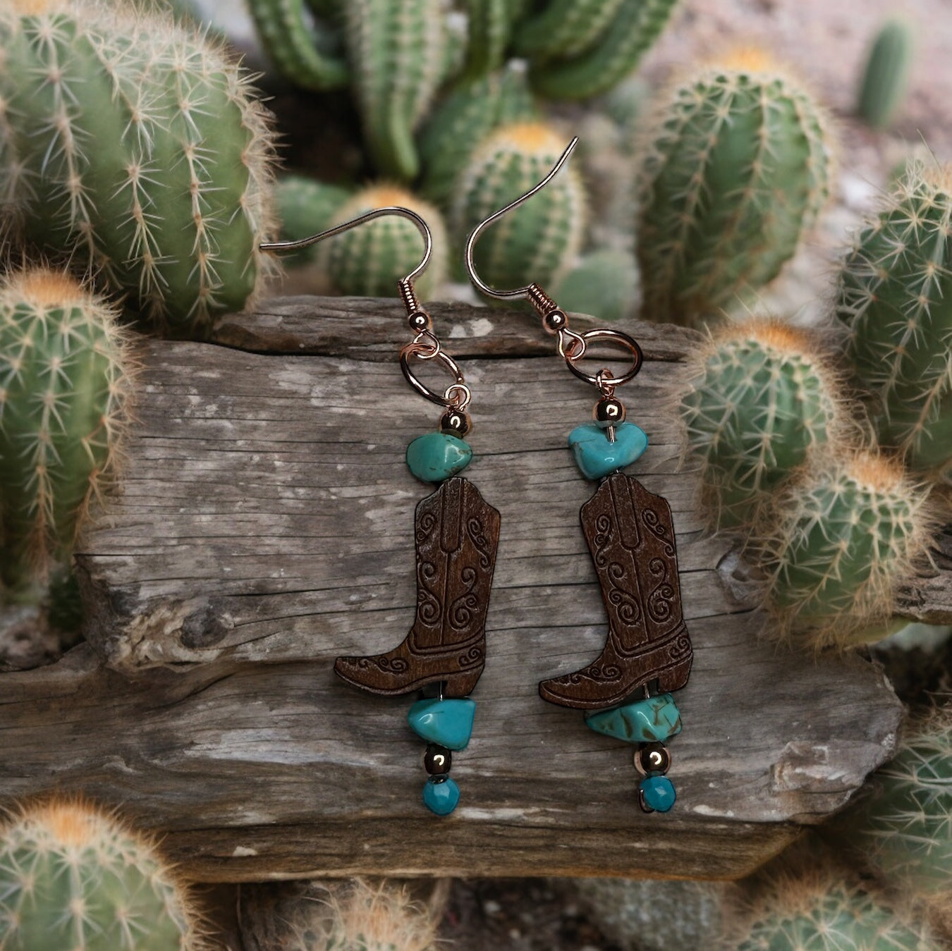 Dangling Turquoise Bead Cowboy boot Earrings