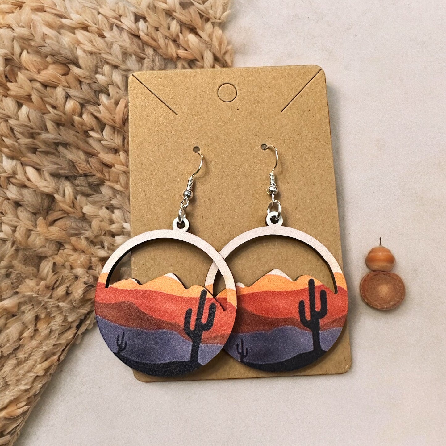 Wooden Sunset Cactus Earring